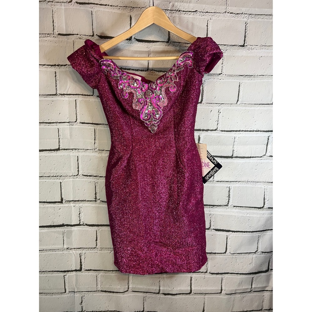 Nadine Vintage 1987 Cerise Pink Metallic Sequin Off Shoulder Mini Dress NWT 5/6